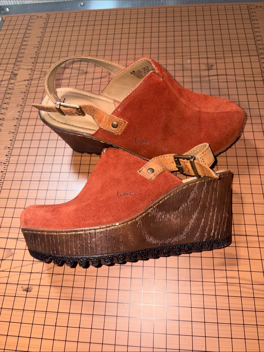 boc Rust Suede Platform Clog Sandals with Tan Strap